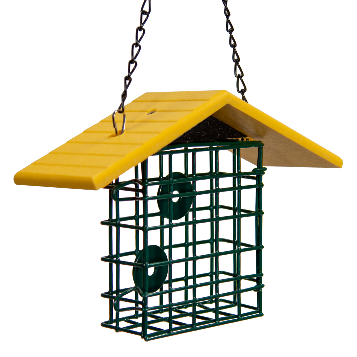 JCS Wildlife Single Suet Cage with Poly Lumber Roof, eco-friendly design, protects suet from rain and mess.