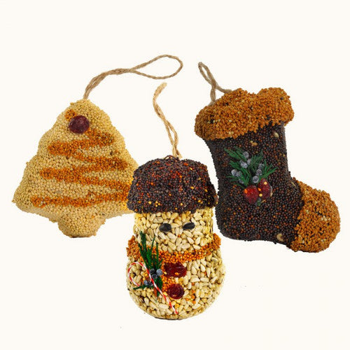 Handmade birdseed ornaments depicting a Christmas tree, snowman, and stocking featuring colorful berries and a whimsical design