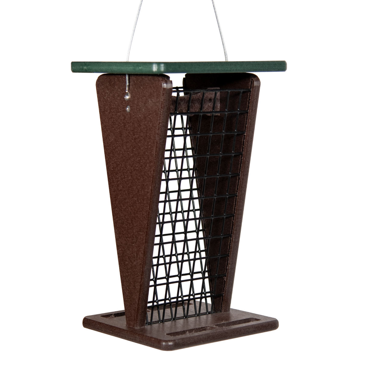 Recycled plastic brown and green bird feeder with a dark wire mesh center and a small square green top hanging against a white background