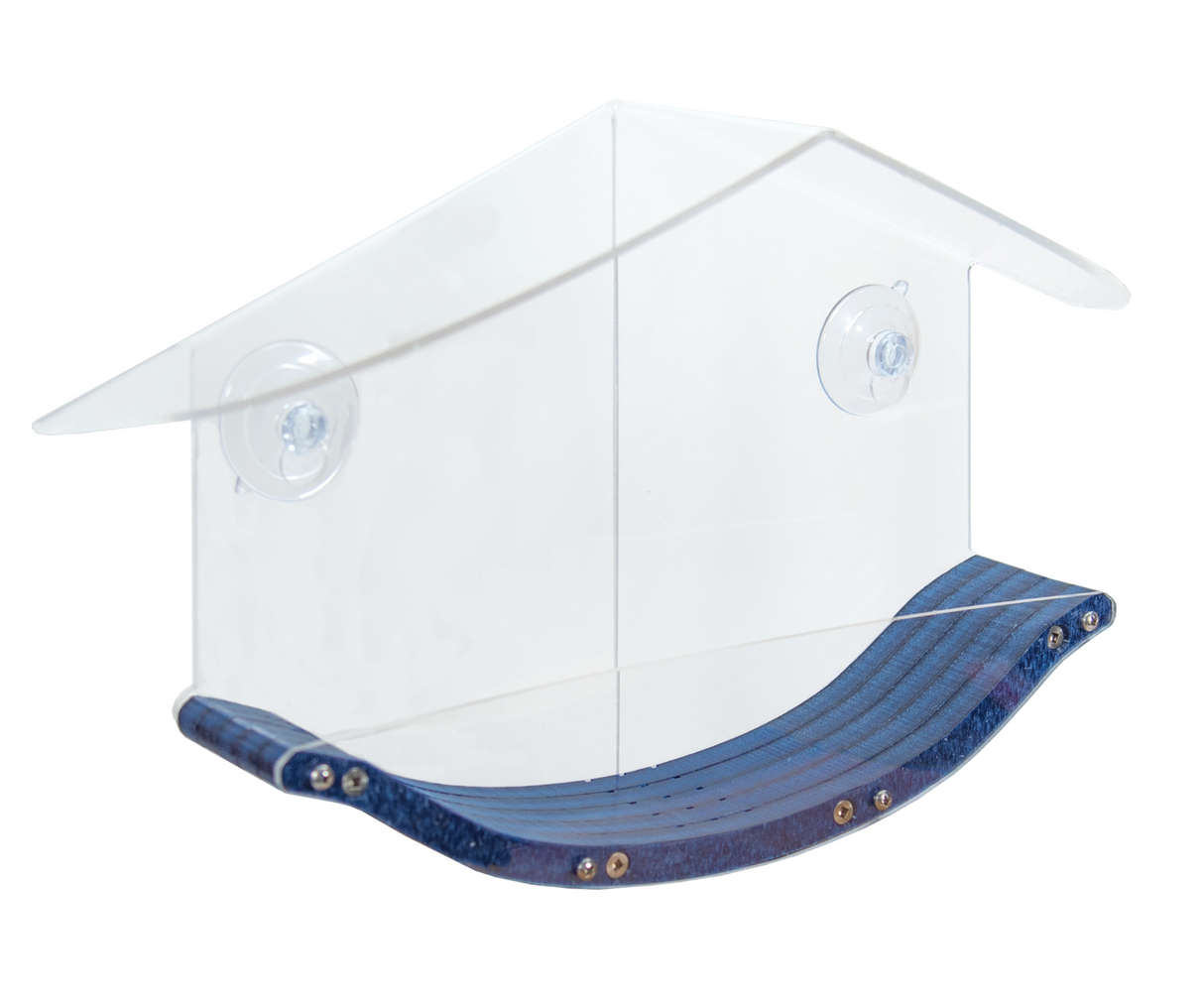 JCS Wildlife Swoop Window Bird Feeder made of clear acrylic with eco-friendly poly lumber, holds 2 cups of bird seed.