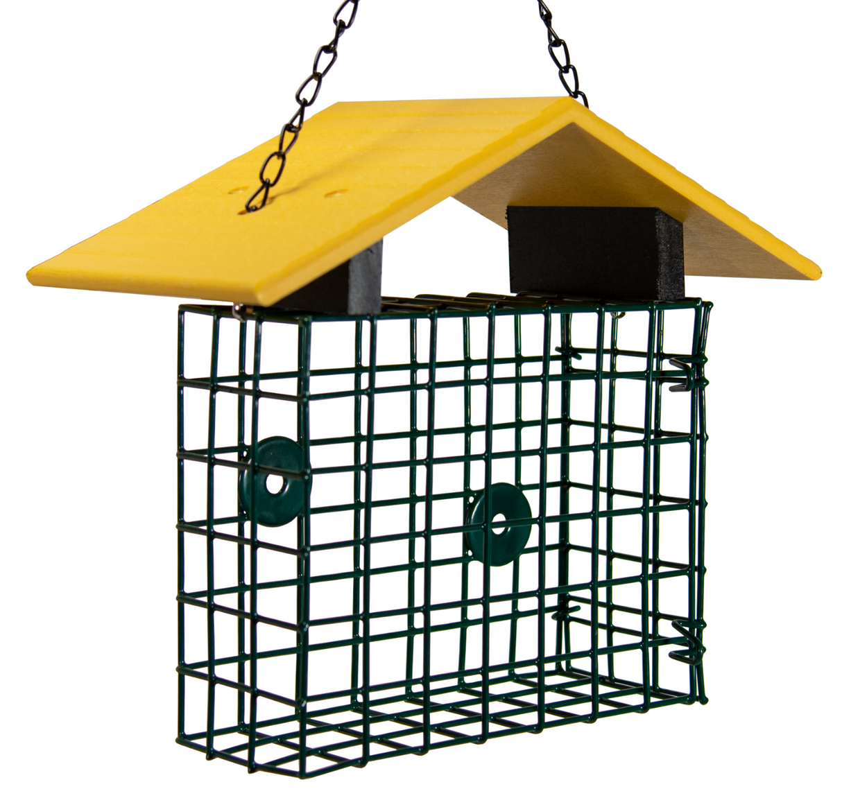 JCS Wildlife XL Suet Cage with Recycled Poly Lumber Roof for bird feeding, featuring easy-open design and robust construction.