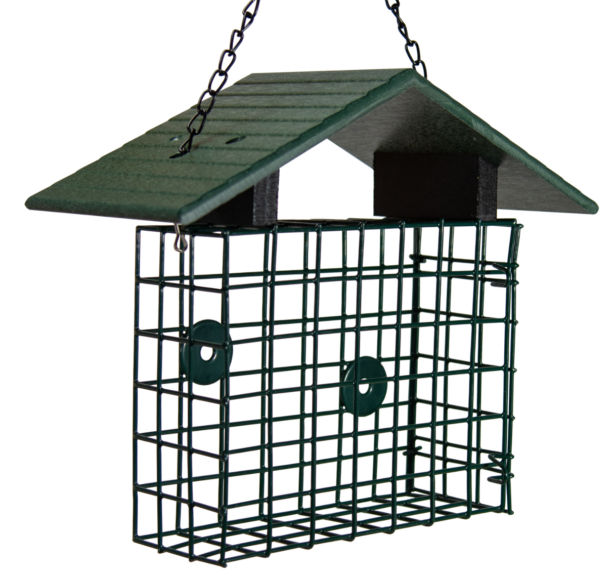 JCS Wildlife XL Suet Cage with Recycled Poly Lumber Roof, designed for bird feeding and easy refilling.