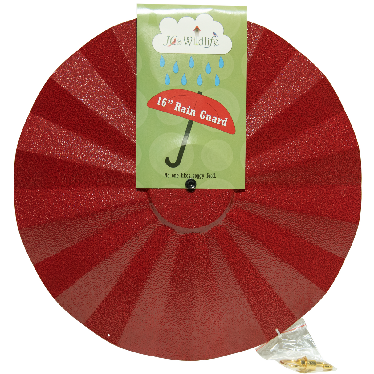 JCS Wildlife 16" Rain Guard with hammered metal texture, protects bird seed from rain, vibrant red design, easy to hang.