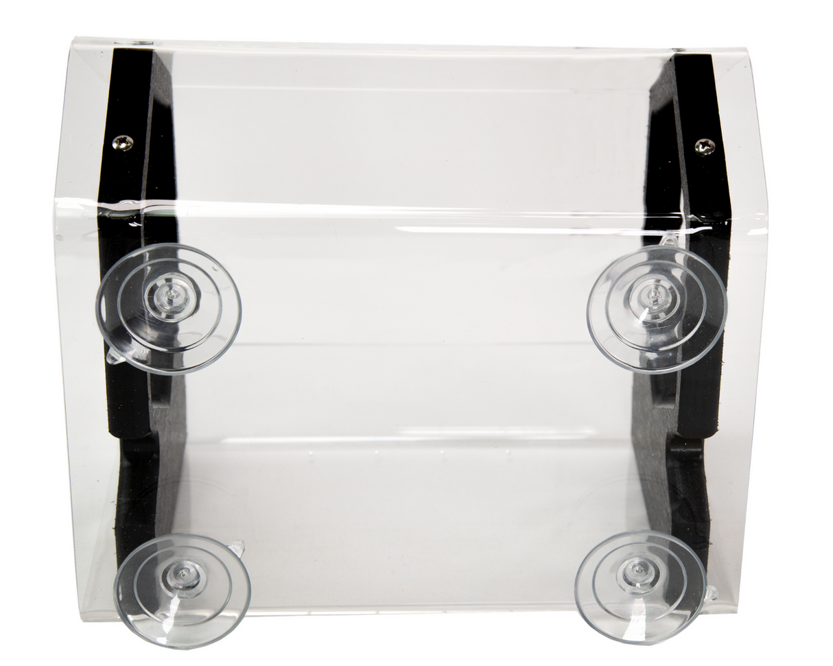 Product shot of a clear acrylic suction cup box with black accents and four suction cups at the corners