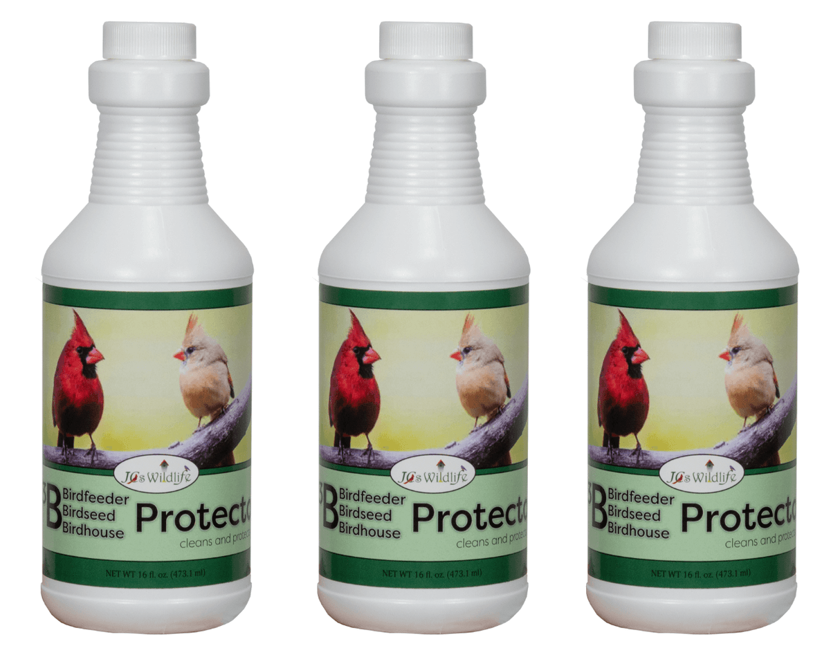 JCS Wildlife 3B Bird Seed, Bird Feeder, and Birdhouse Protector 16 oz. Spray bottles with cardinal illustrations.