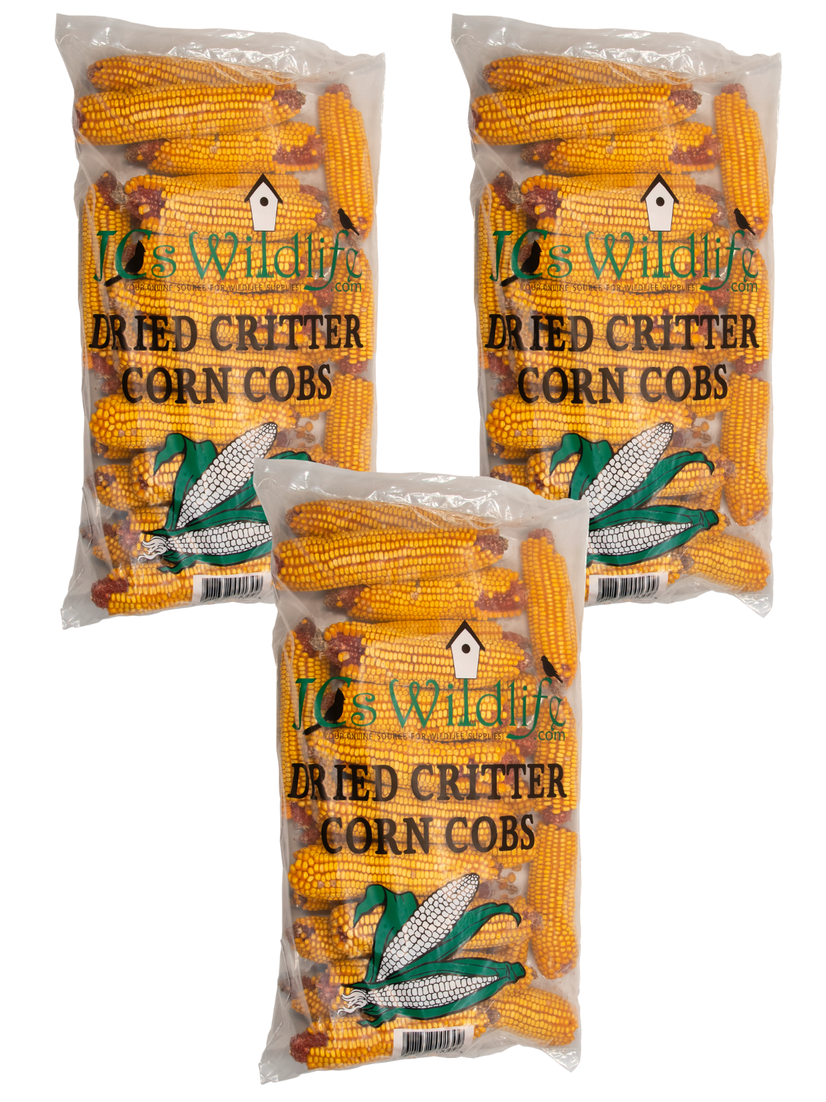 JCS Wildlife Dried Squirrel Corn Cobs in three bags, perfect snack for backyard wildlife such as squirrels and deer.