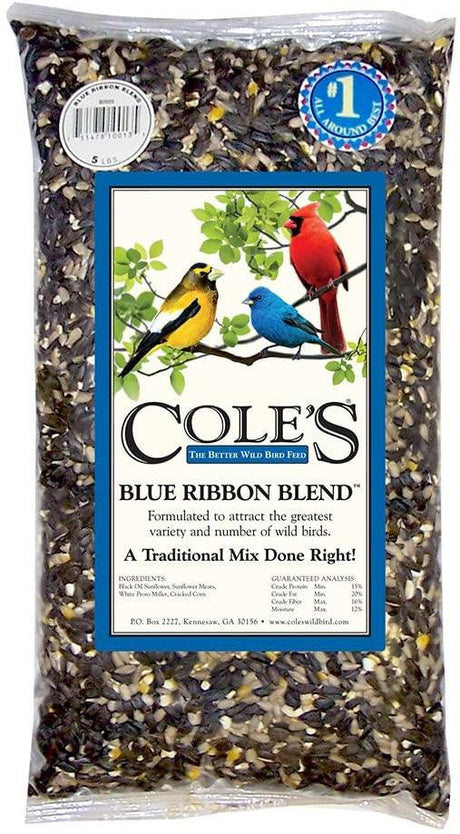 Cole's Blue Ribbon Blend Bird Seed, 10 lbs bag showcasing vibrant birds, perfect for attracting a variety of wild birds.