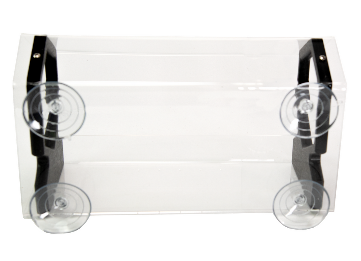 Clear acrylic rectangular box with four suction cups and black supports on a white background