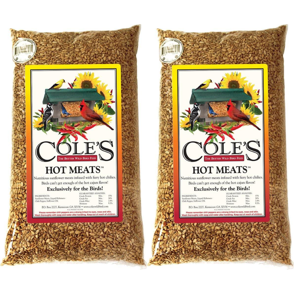 Cole's Hot Meats Bird Seed 5 lb bag with nutritious sunflower meats and habanero chilies, perfect for attracting birds.