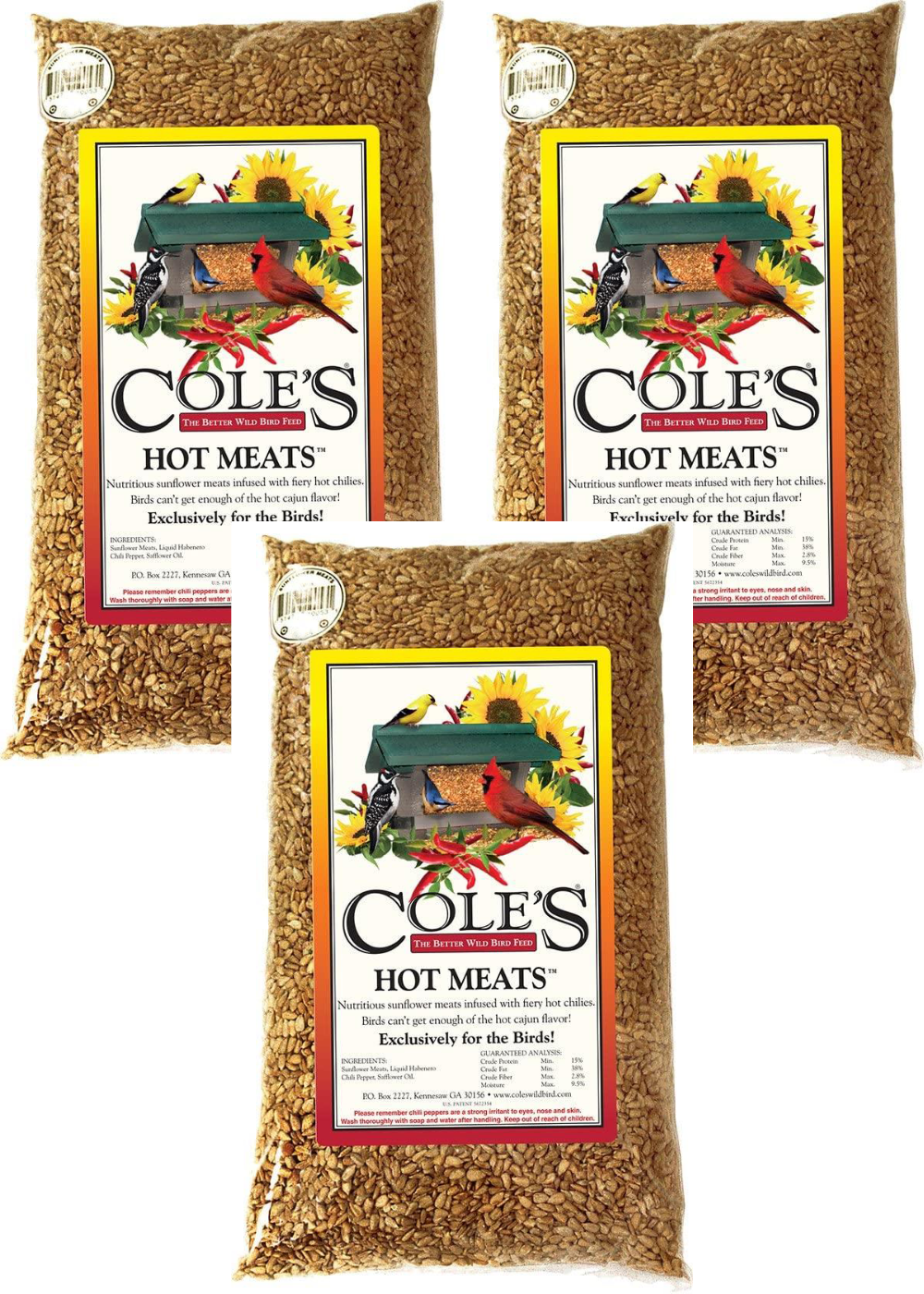 Cole's Hot Meats Bird Seed 5 lb Bag HM05 with spicy habanero chilies for nutritious bird feeding.