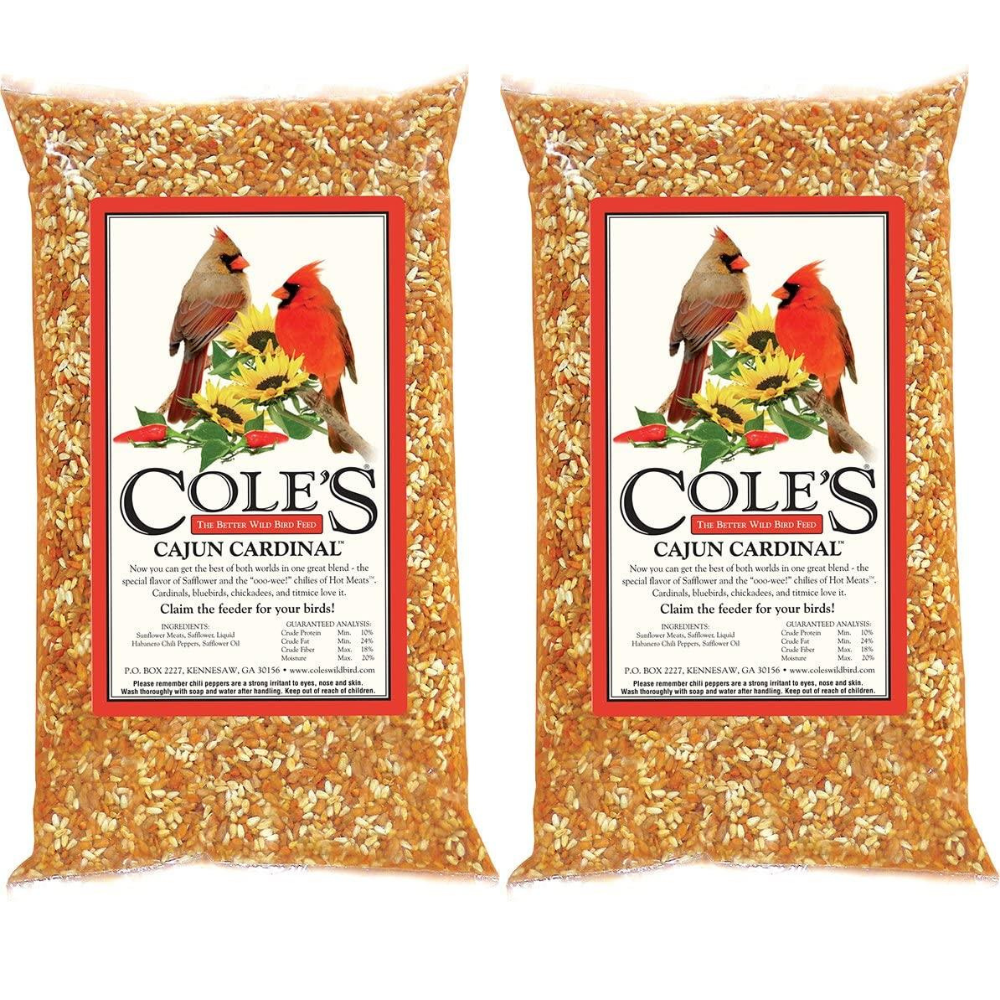Cole's Cajun Cardinal Bird Seed 10 lbs with red-winged cardinals on packaging, ideal for attracting birds to feeders.