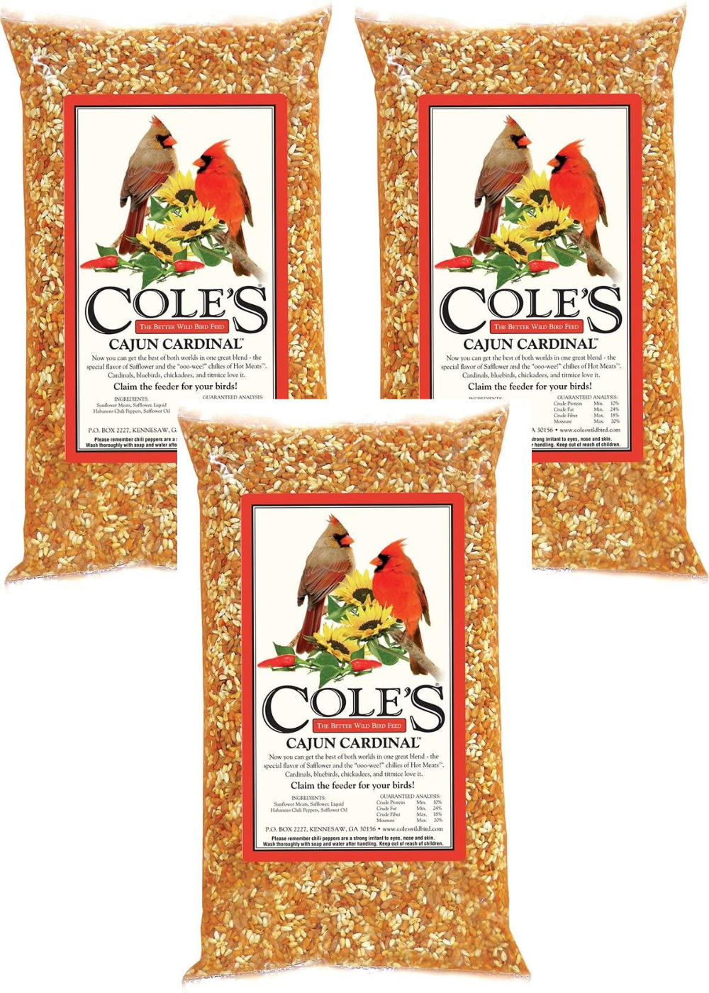 Cole's Cajun Cardinal Bird Seed 10 lbs packaging featuring bright cardinal illustrations, perfect for attracting wild birds.