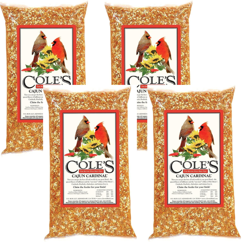 Cole's Cajun Cardinal Bird Seed, 10 lbs, CB10 bags with cardinals, ideal for attracting wild birds.