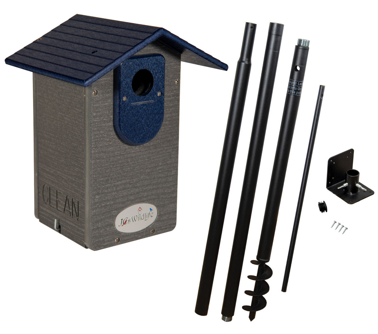 JCs Wildlife gray and blue recycled plastic birdhouse with mounting poles and hardware features a clean design and easy-to-use components