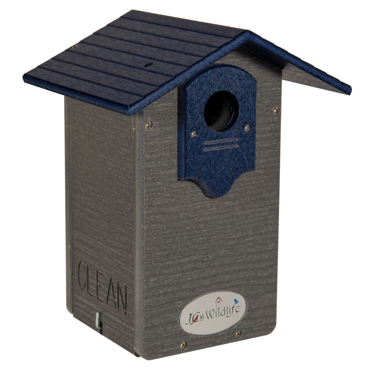 JQs Wildlife plastic birdhouse gray and blue featuring a dark blue roof and entryway with the word CLEAN imprinted on its side