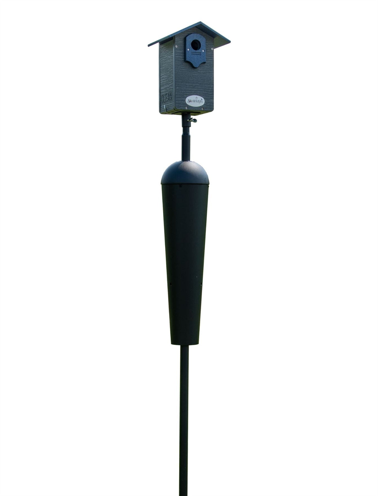 Image of a dark gray wood and black metal J&M Wildlife birdhouse mounted on a tall black pole with a dark gray roof and a circular entry hole featuring a protective guard against predators