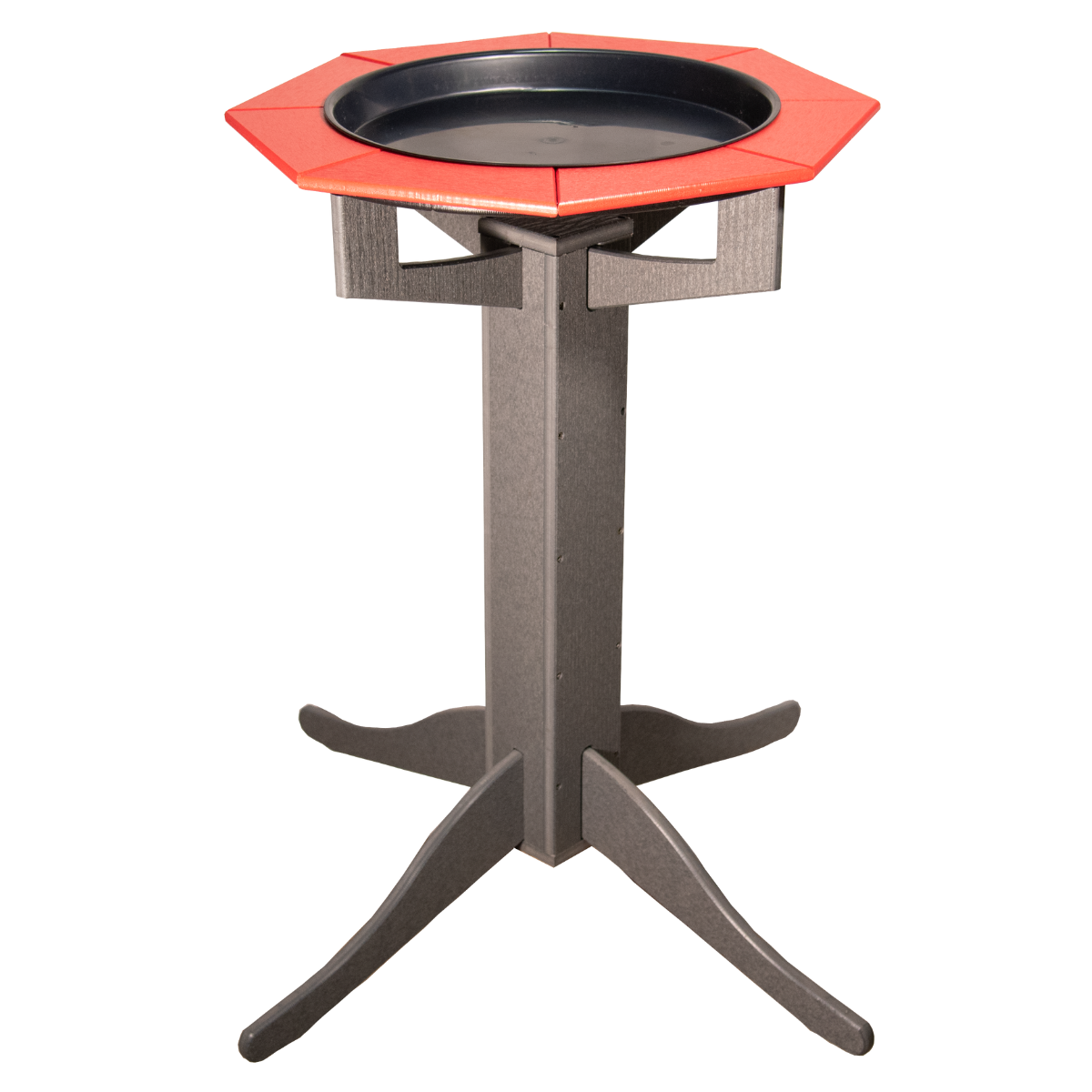 JCS Wildlife Poly Lumber Gray Pedestal Garden Bird Bath with red accents and deep basin for easy bird bathing.