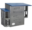JJs Wildlife Nutty Mansion squirrel feeder features gray and blue plastic construction with the words Keep Out Squirrels Only embossed on the side and multiple entry points for squirrels