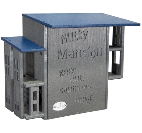 JJs Wildlife Nutty Mansion squirrel feeder features gray and blue plastic construction with the words Keep Out Squirrels Only embossed on the side and multiple entry points for squirrels