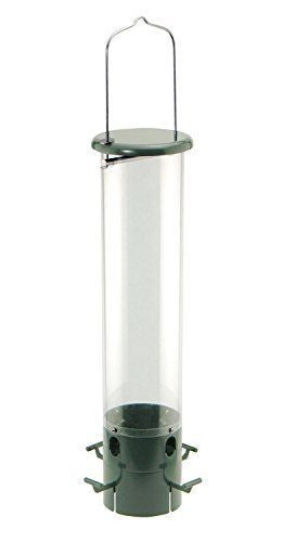 Product image of a dark green and clear plastic bird feeder with a metal hanging loop and four feeding ports