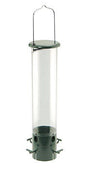 Product image of a dark green and clear plastic bird feeder with a metal hanging loop and four feeding ports