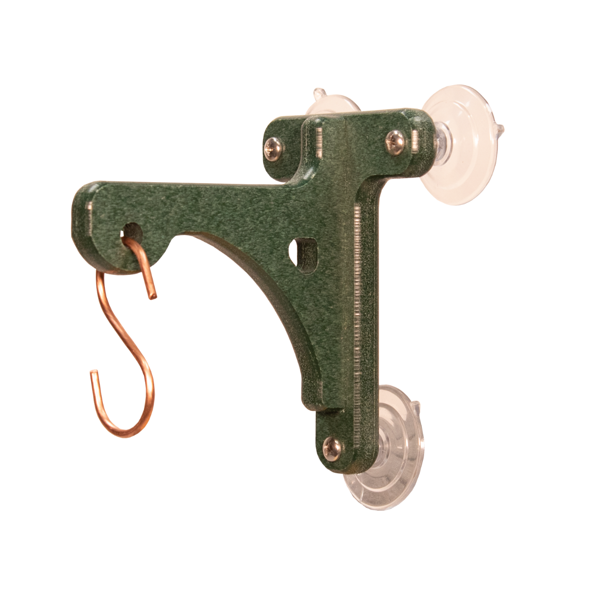 Product shot of a dark green plastic suction cup window feeder mount with a copper colored hook and visible screws