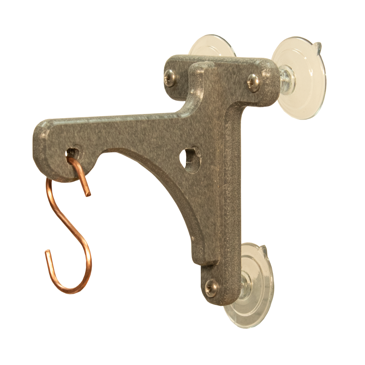 Gray composite plastic window mount with copper S-hook and two suction cups showing detail of screw and mounting holes