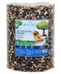 JCs Wildlife All Season Blend Premium Bird Seed shows a blend of black oil sunflower seeds, shelled peanuts, and cranberries in a clear plastic cylinder package with images of cardinals and chickadees on the label.