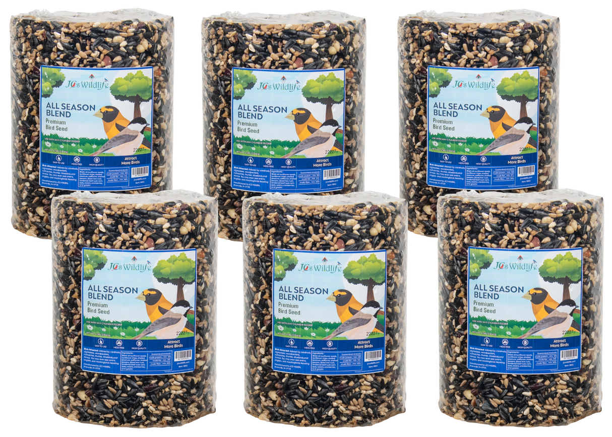 Jo's Wildlife six cylindrical packages of All Season Blend premium bird seed featuring sunflower seeds, nuts, and dried cranberries with images of a black-capped chickadee and a Baltimore oriole.