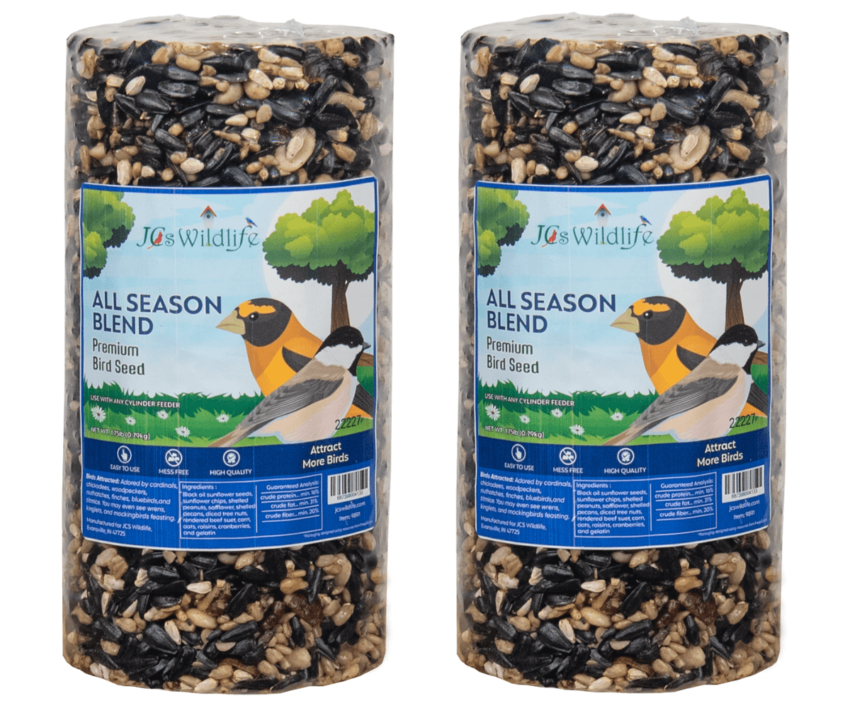 JCS Wildlife All Season Blend Premium Bird Seed cylindrical package shows two colorful birds a black-capped chickadee and an oriole amidst a mix of black oil sunflower seeds peanuts and cranberries
