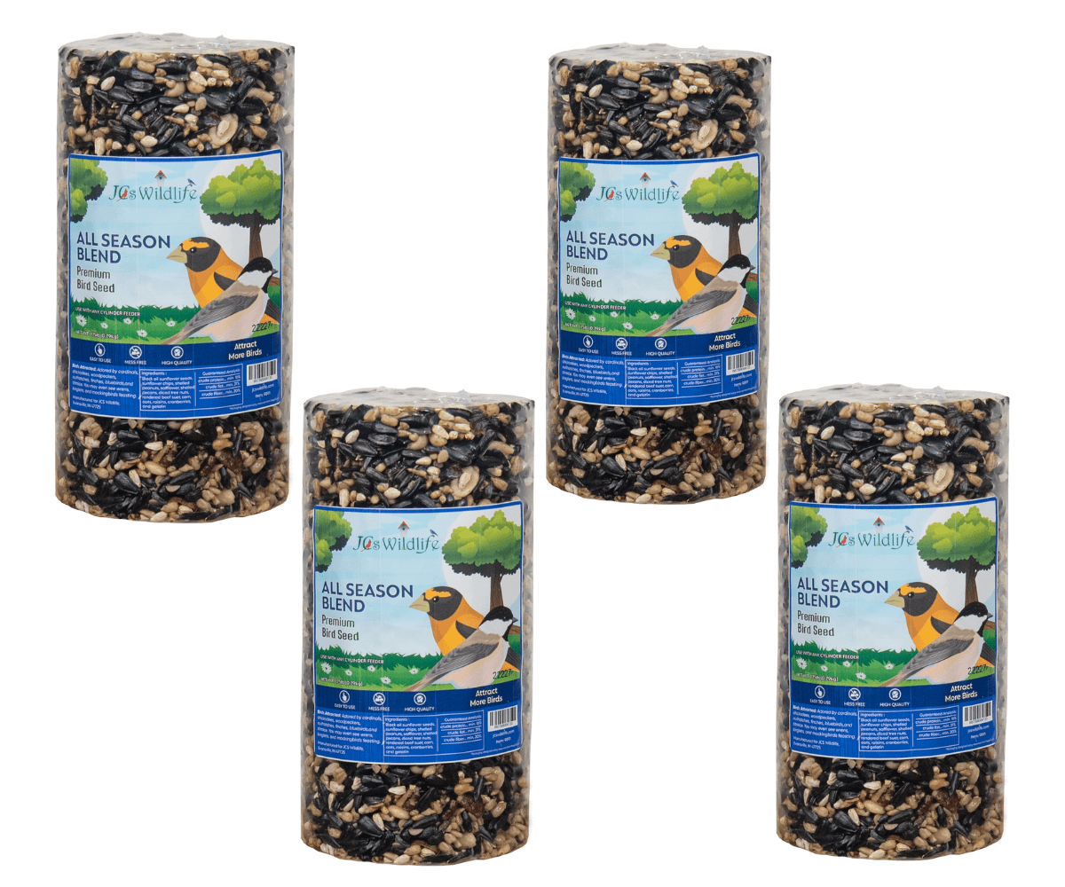 Jos Wildlife cylindrical packaging of All Season Blend Premium Bird Seed shows four  cylinders of mixed seeds including sunflower seeds, peanuts and other grains with colorful images of birds on the labels