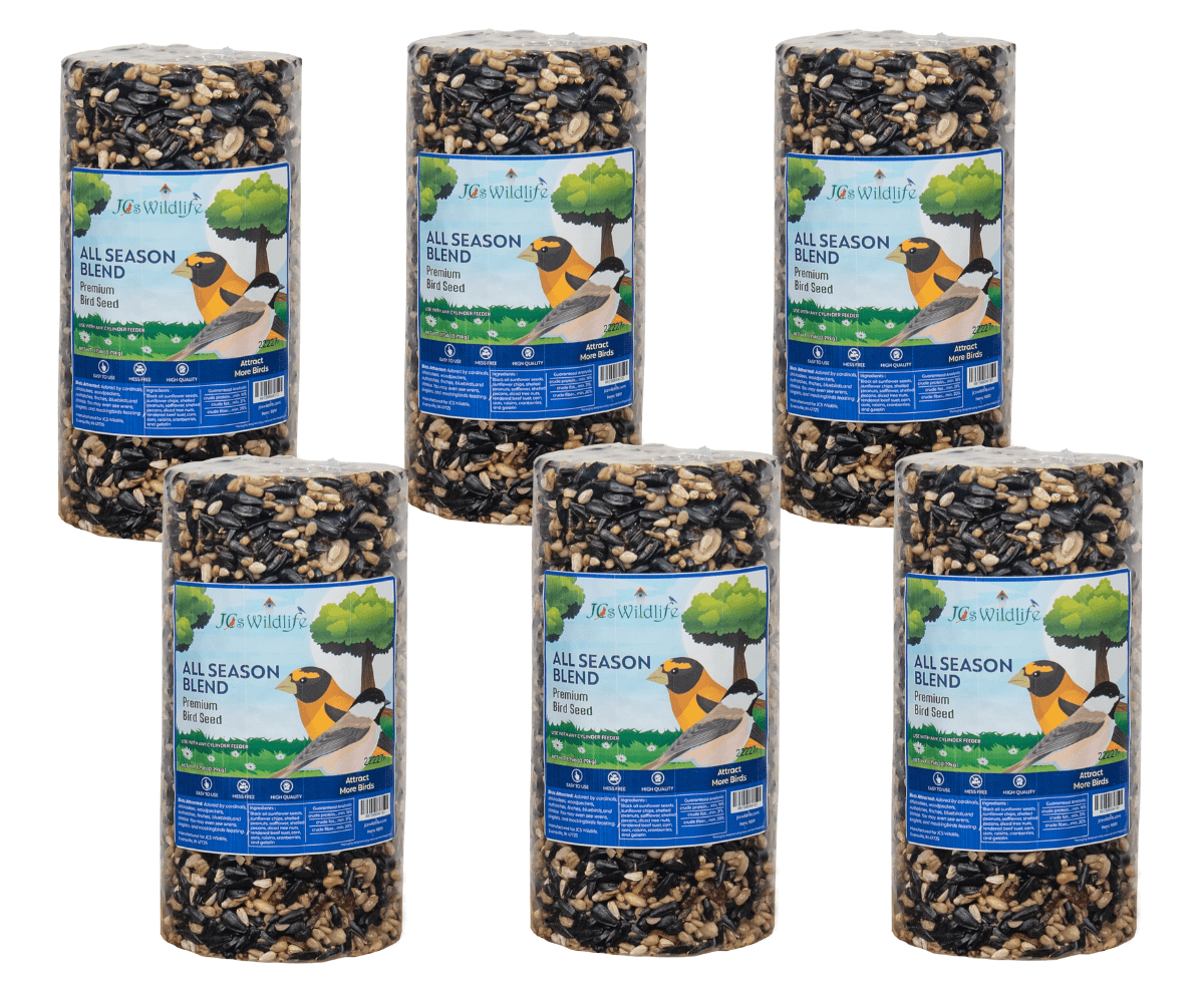 Jo's Wildlife six cylindrical packages of All Season Blend premium bird seed featuring sunflower seeds peanuts and colorful bird images against a white background