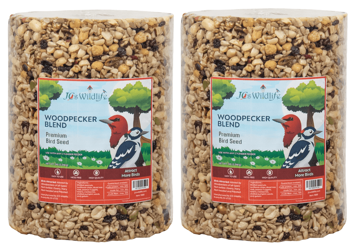 JCS Wildlife Woodpecker Blend Bird Seed Large Cylinder, 5 lb, premium bird seed for attracting woodpeckers.