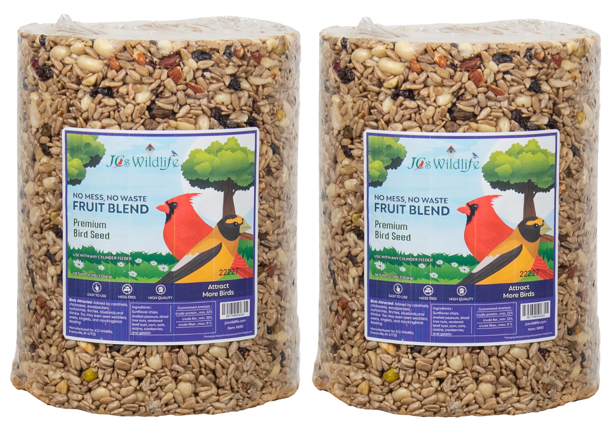 JCS Wildlife No Mess, No Waste Fruit Blend Premium Bird Seed Cylinder, 4.5 lb, for attracting more birds to your yard.
