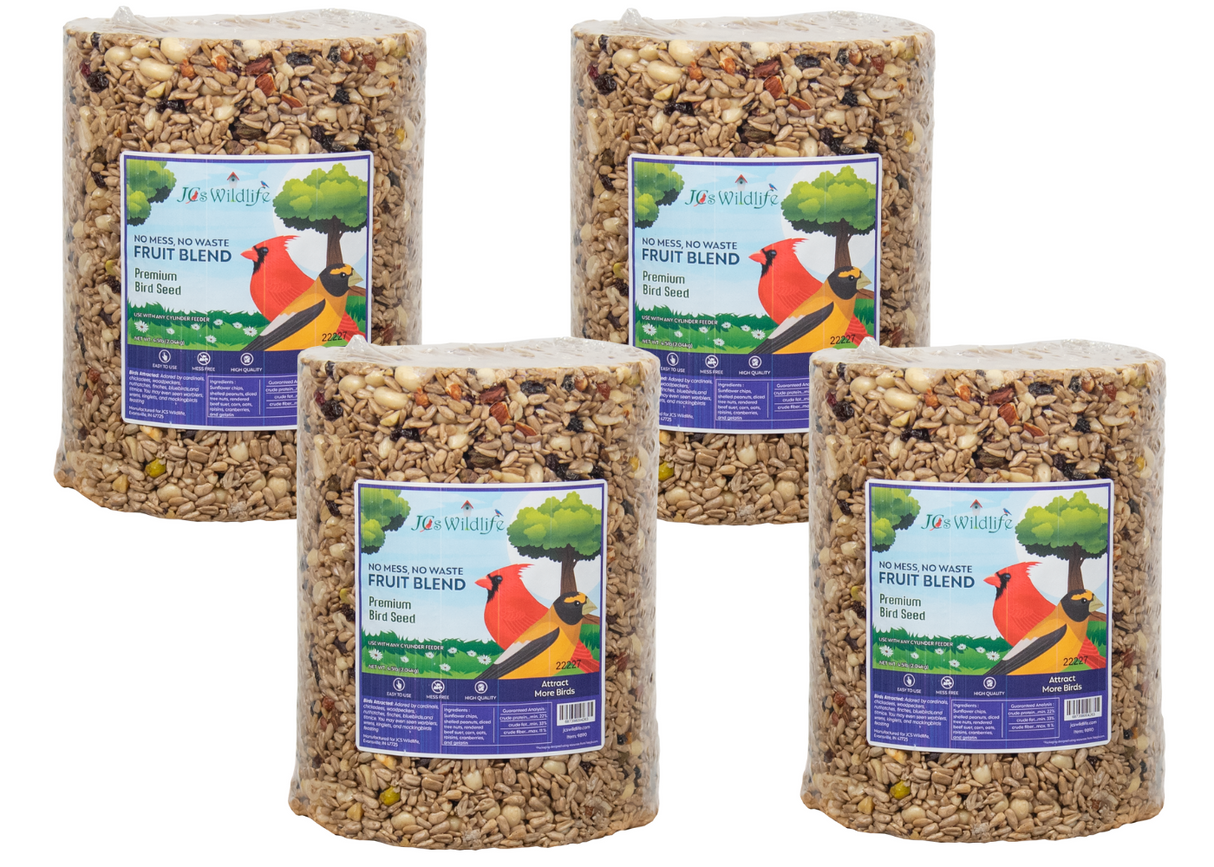 JCS Wildlife No Mess, No Waste Fruit Blend Premium Bird Seed Cylinder, 4.5 lb, perfect for attracting various birds.