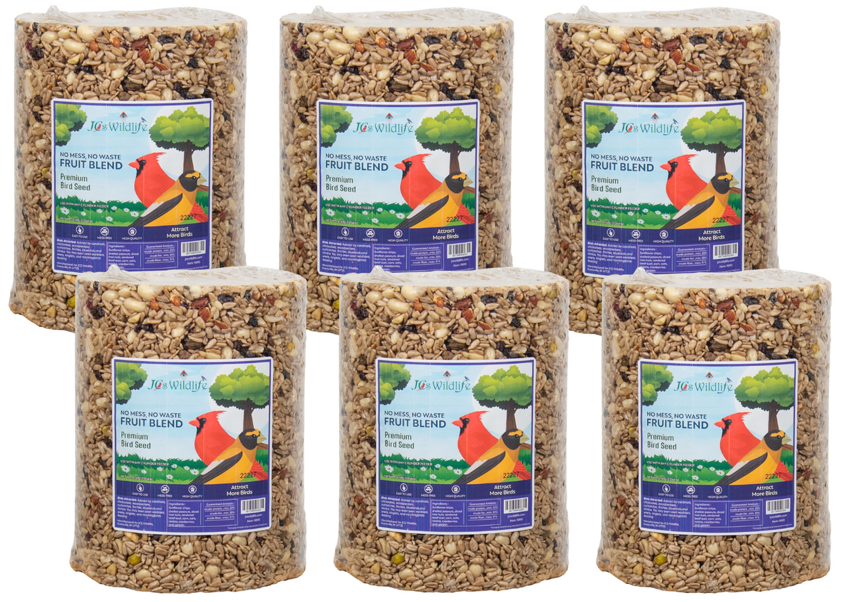 JCS Wildlife No Mess, No Waste Fruit Blend Premium Bird Seed 4.5 lb cylinders displayed together for backyard birds.