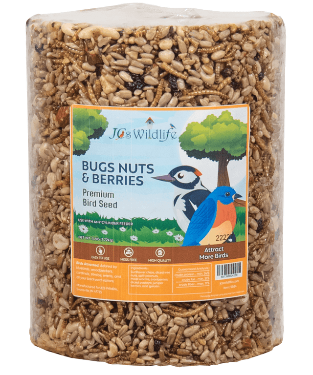 JCS Wildlife Bugs Nuts and Berries Premium Bird Seed cylinder, 3.8 lb, high-quality ingredients for attracting birds.
