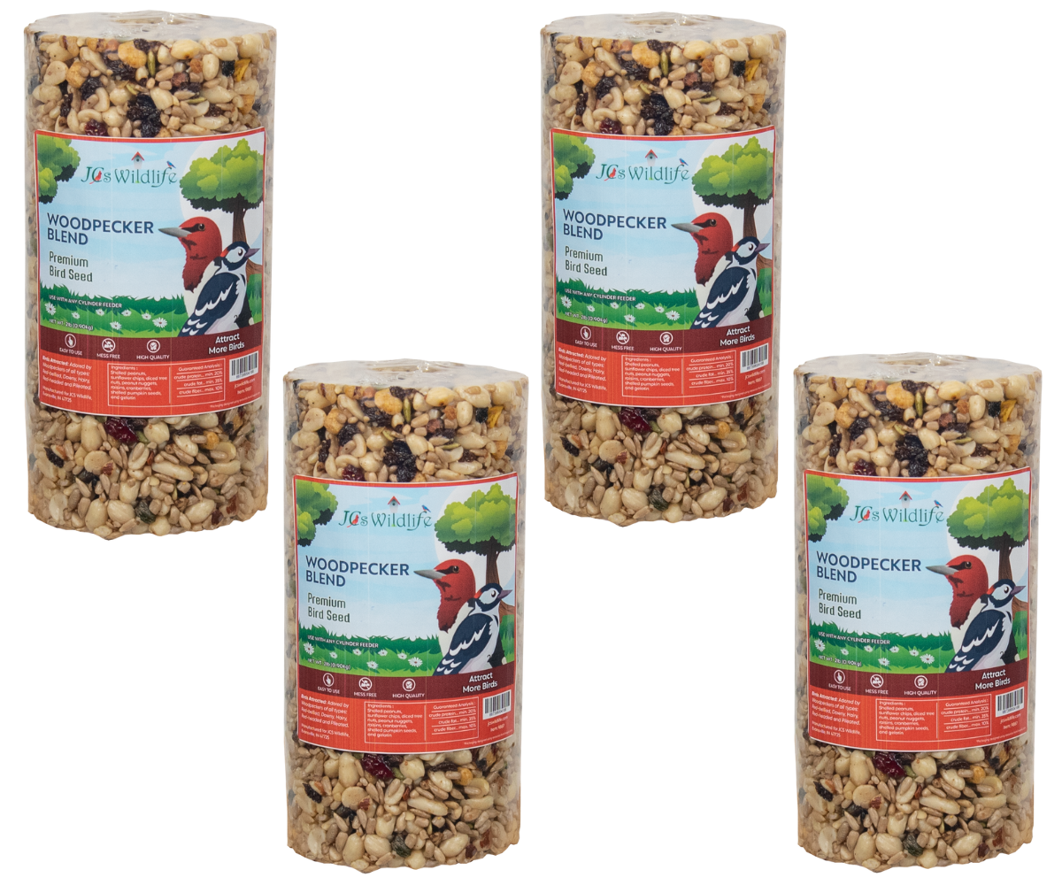 Product Photography: J&S Wildlife Woodpecker Blend premium bird seed in cylindrical packaging showing peanuts, sunflower seeds, and cranberries against a white background