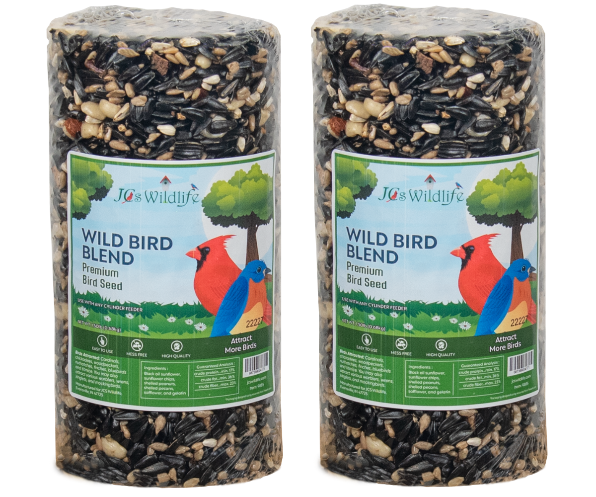 JCs Wildlife Wild Bird Blend premium bird seed cylindrical package showing a cardinal and bluebird against a background of sunflower seeds, peanuts, and safflower seeds
