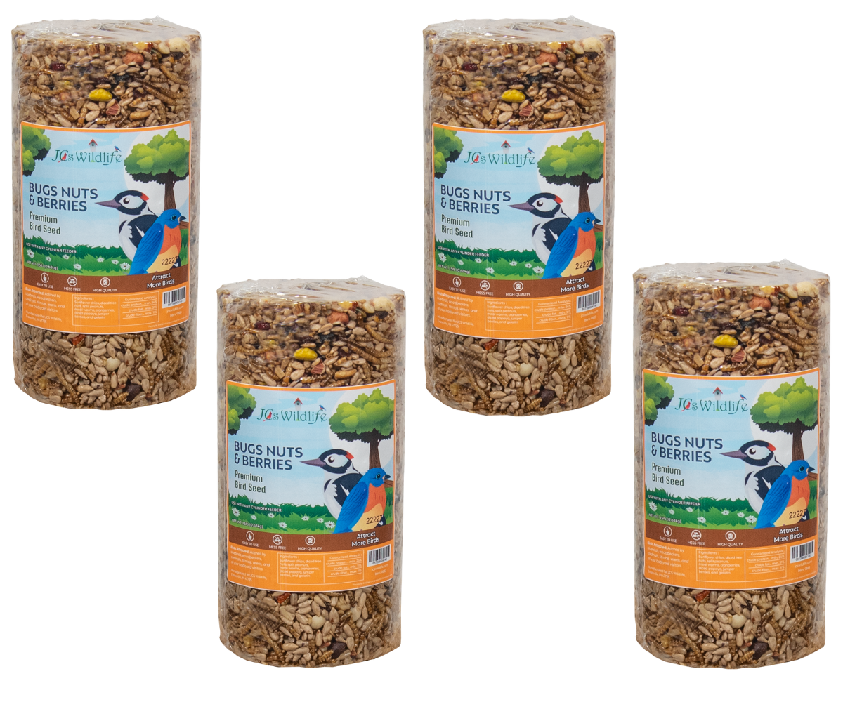 Jo's Wildlife Bugs Nuts & Berries premium bird seed cylindrical package showing a woodpecker and bluebird against a green tree backdrop with sunflower seeds peanuts and dried berries