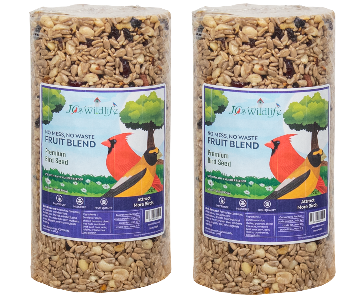 JCS Wildlife No Mess, No Waste Fruit Blend Premium Bird Seed Cylinder, 2 lb, ideal for attracting various birds.