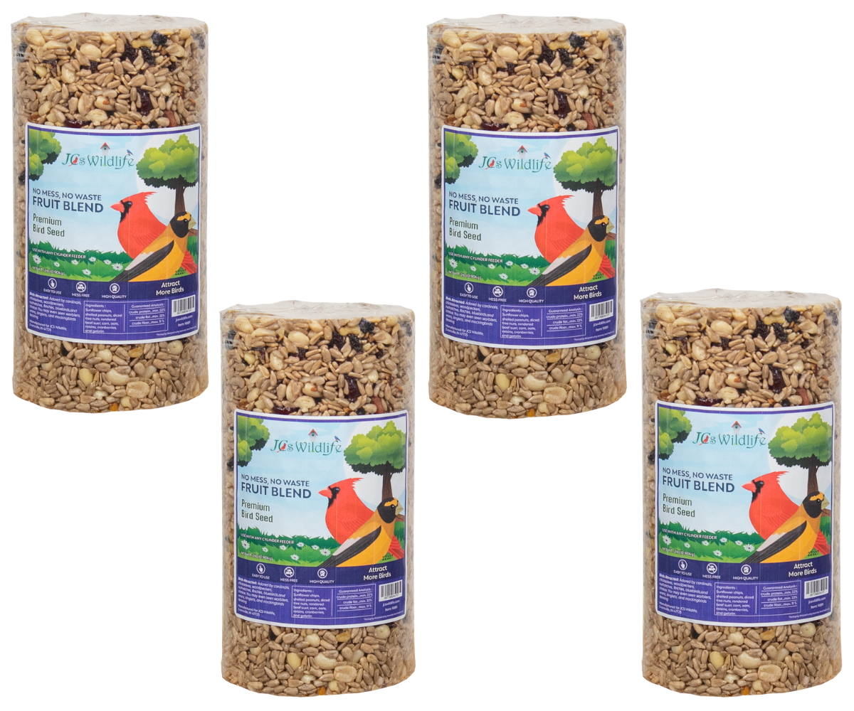 JCS Wildlife No Mess, No Waste Fruit Blend Premium Bird Seed Cylinder, 2 lb, ideal for backyard birds without mess.