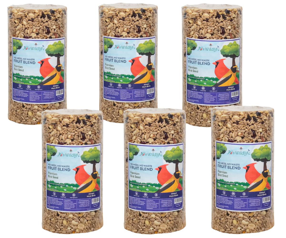JCS Wildlife No Mess, No Waste Fruit Blend Premium Bird Seed Cylinders, 2 lb, ideal for backyard birds, mess-free feeding.