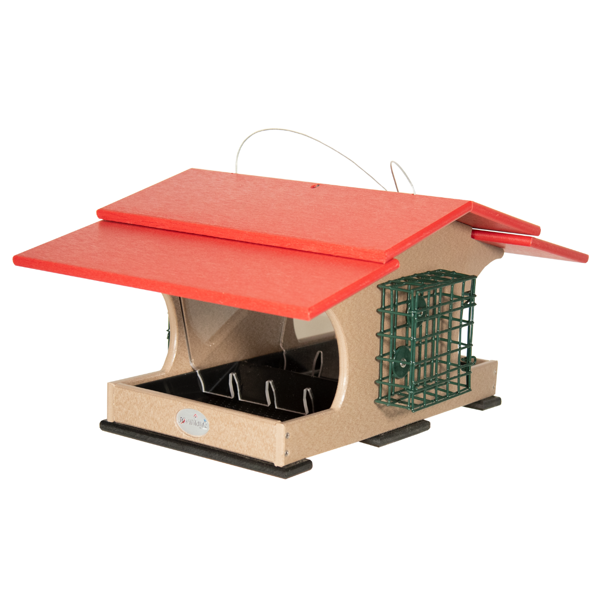 JCS Wildlife Hopper and Suet Feeder with two gallon capacity and cages for suet cakes and fruit.