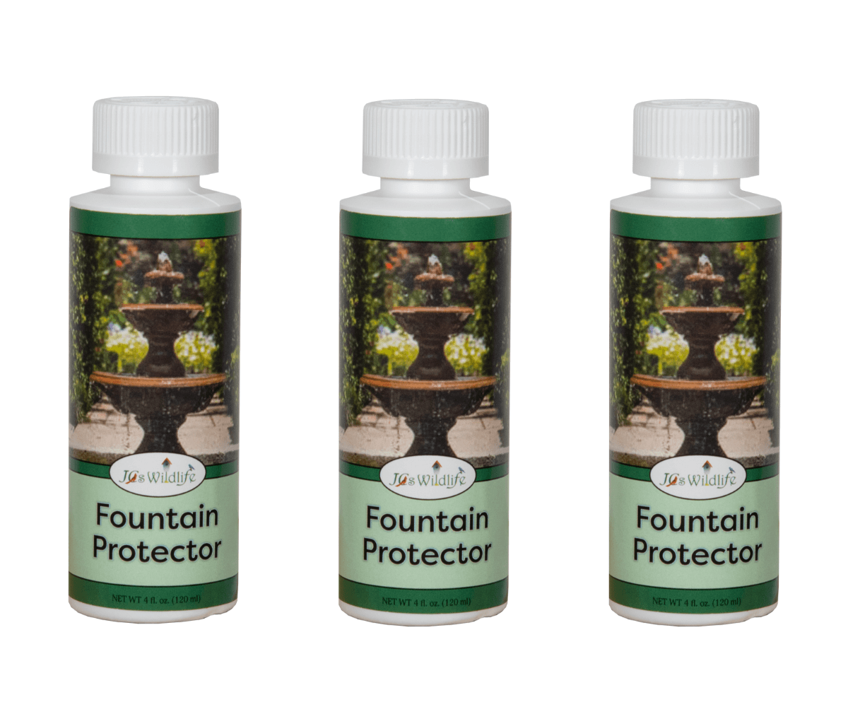 JCs Wildlife Fountain Protector bottles for keeping outdoor decor and water features clean and safe for wildlife.