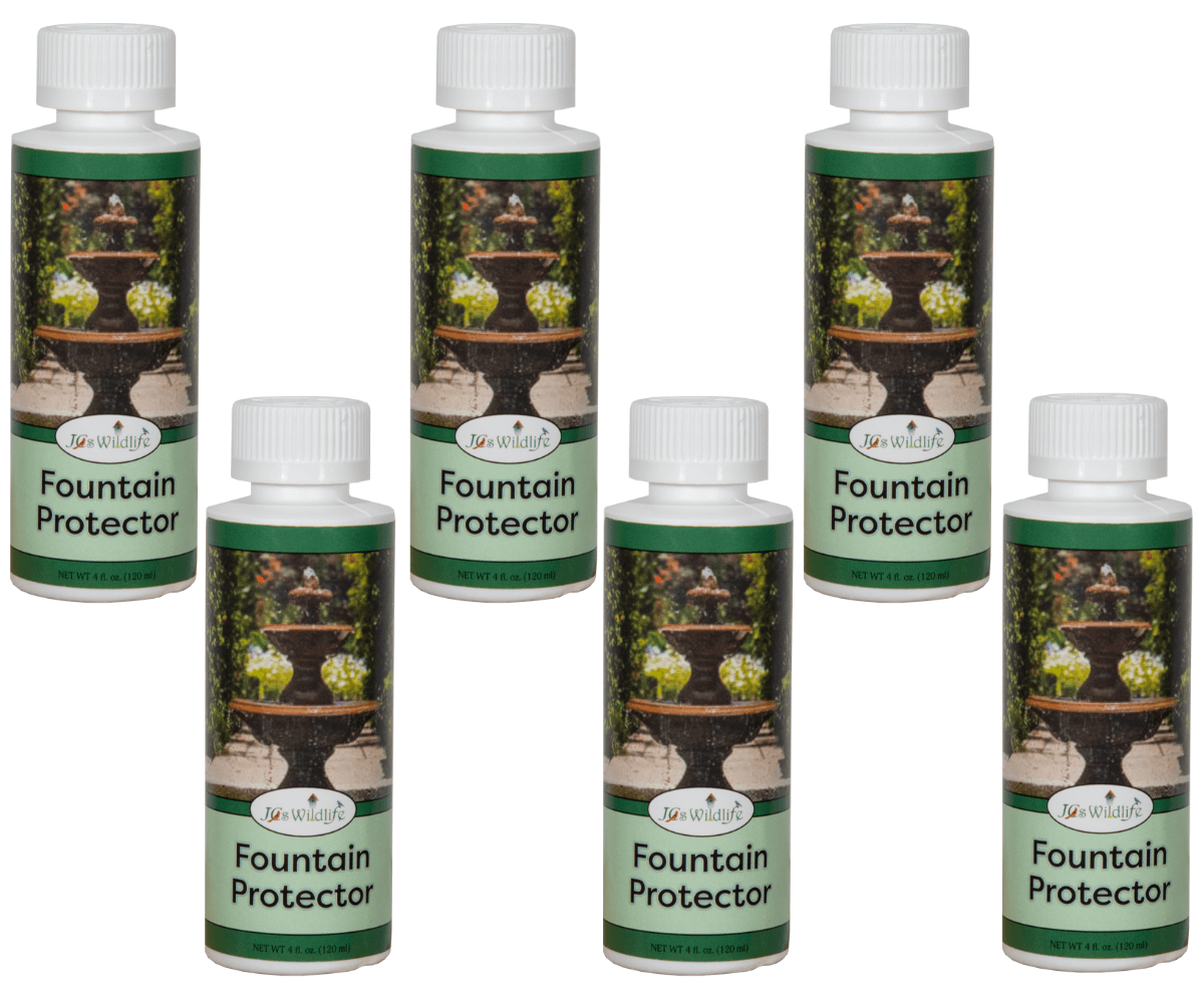 JCs Wildlife Fountain Protector bottles for outdoor decor and water feature maintenance, safe for birds and pets.