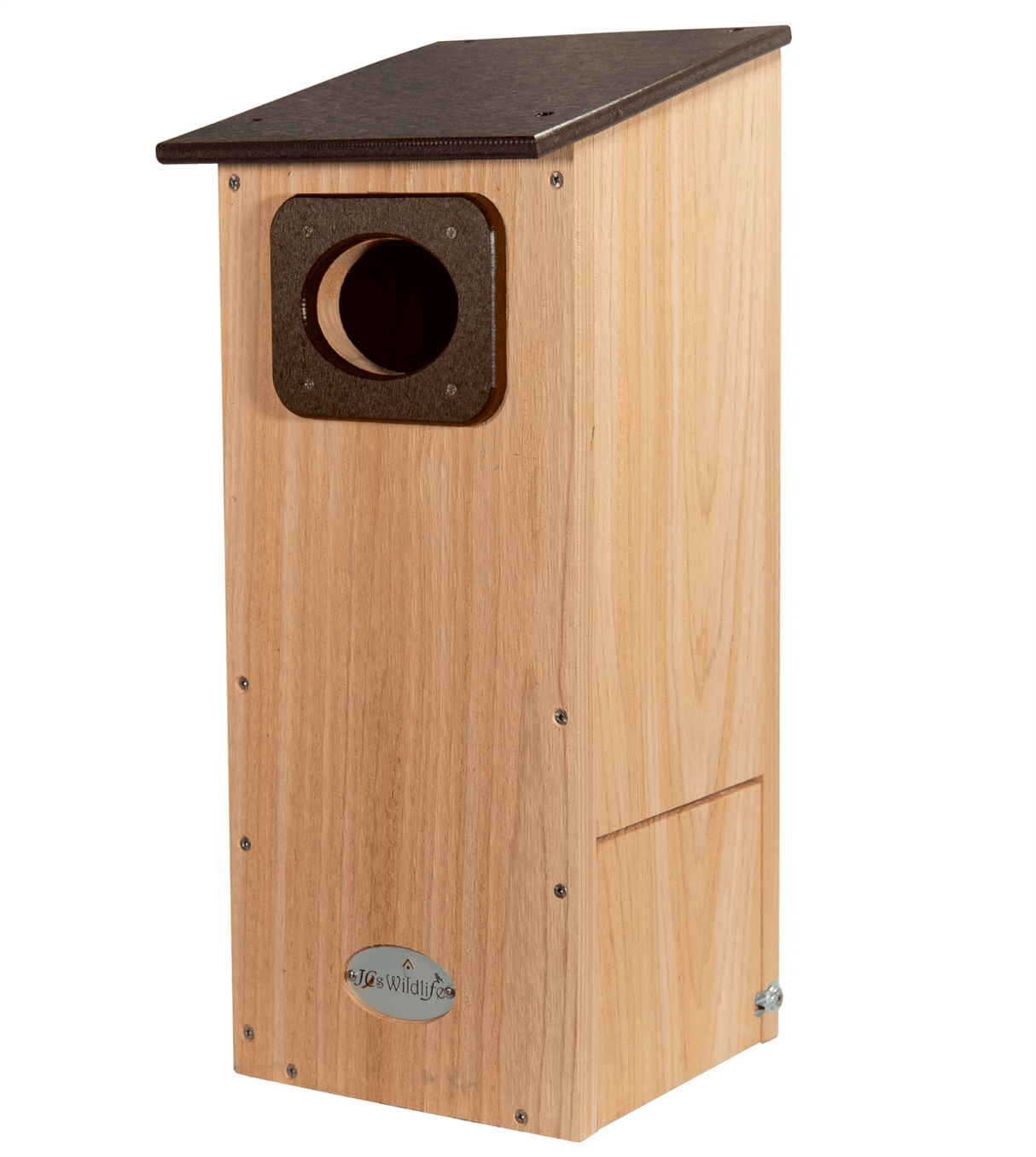 JCS Wildlife Cedar Wood Duck House with recycled poly roof, designed for cavity-nesting birds, including wood ducks.