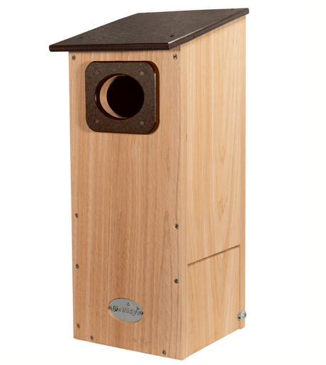 JCS Wildlife Cedar Wood Duck House with recycled poly roof, designed for cavity-nesting birds, including wood ducks.