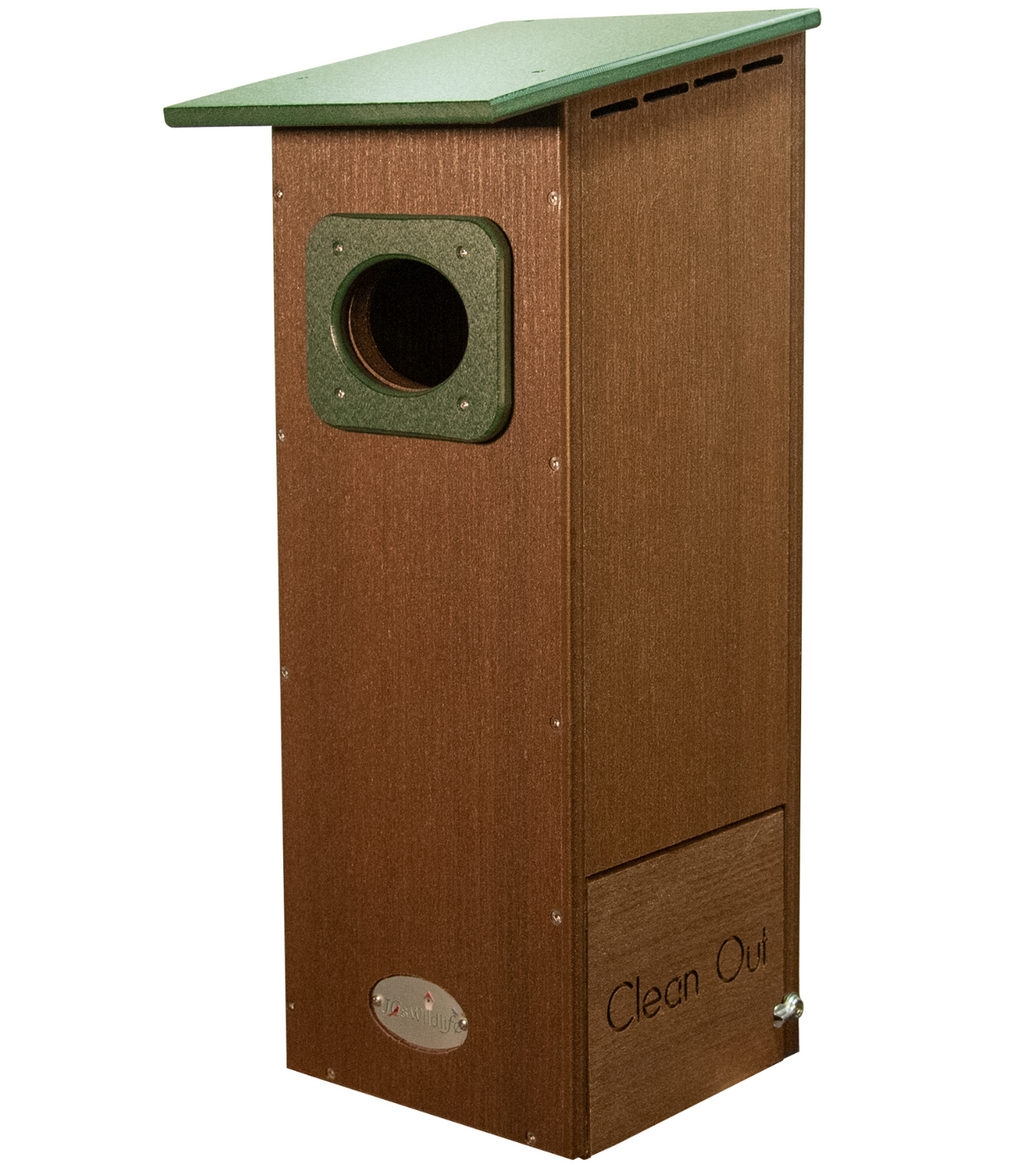 JosWildlife recycled plastic birdhouse featuring a green roof and a convenient clean-out door with a brown wood-like texture and a circular entry hole