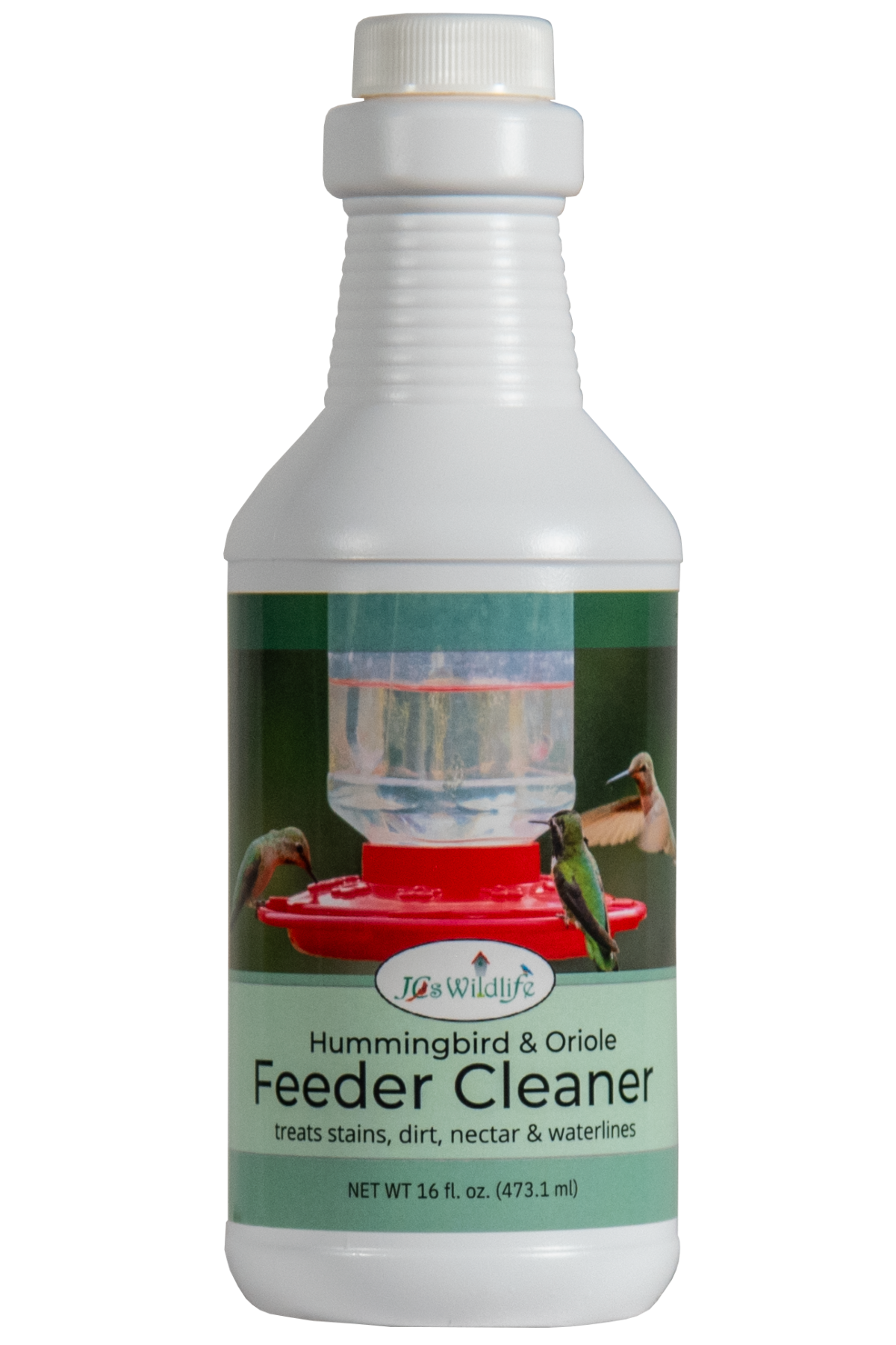 JCS Wildlife Hummingbird & Oriole Feeder Cleaner bottle, 16 oz. for cleaning bird feeders and removing stains.